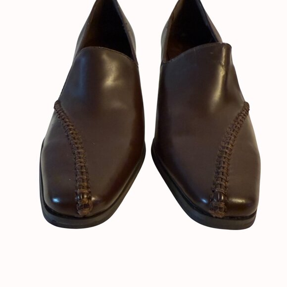 Apostrophe Brown Heeled Loafers 8.5M Pointed Square Toe Slip On Stitch Shoes - Picture 8 of 15